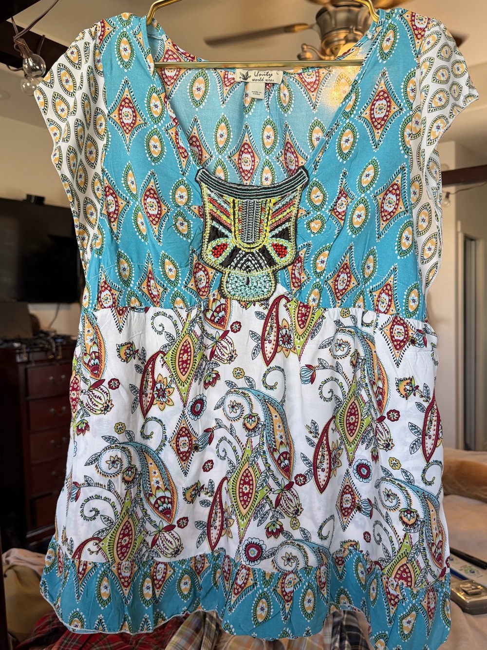 Unity World Wear Turquoise and White Boho Embroidered lightweight Tunic